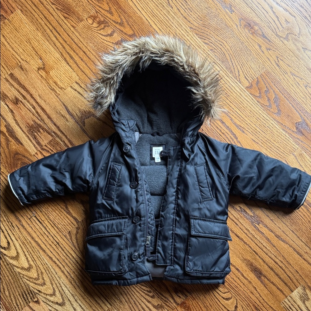 GAP Black Puffer Jacket with Faux Fur Hood